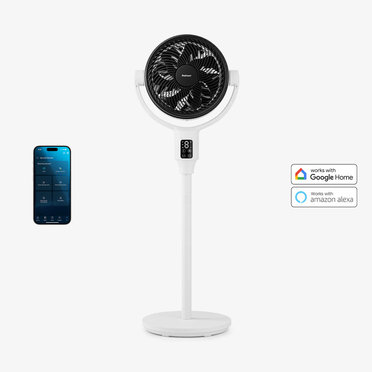 Pro Breeze AirFlo Plus™ 44” Smart Hybrid Pedestal Fan - Ultra-Quiet Air Circulator - White/Black