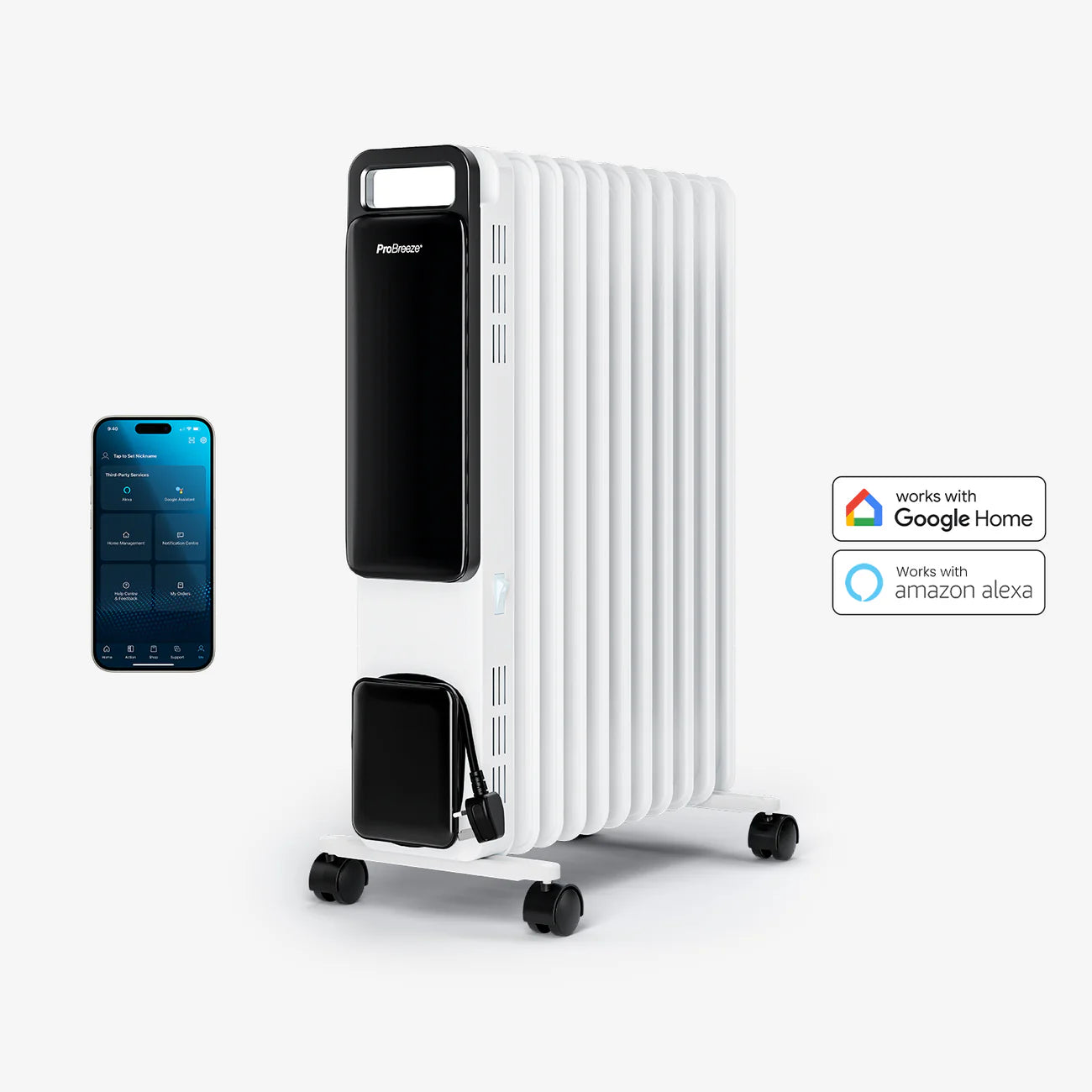 Pro Breeze OmniWarm 2500W Oil Filled 11 Fins Eco Radiator Heater With Digital Display and Smart App Control - White
