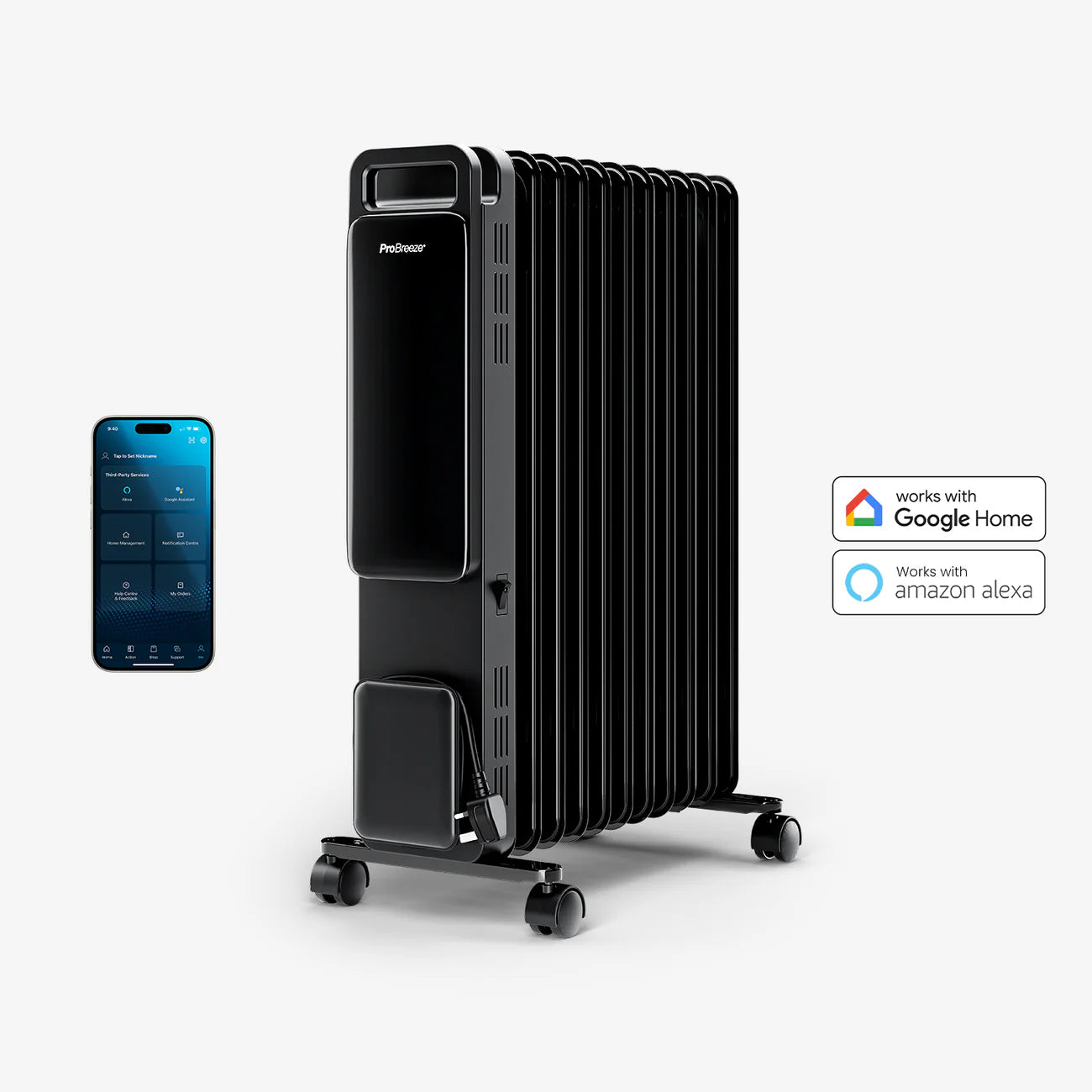 Pro Breeze OmniWarm 2500W Oil Filled 11 Fins Eco Radiator Heater With Digital Display and Smart App Control - Black