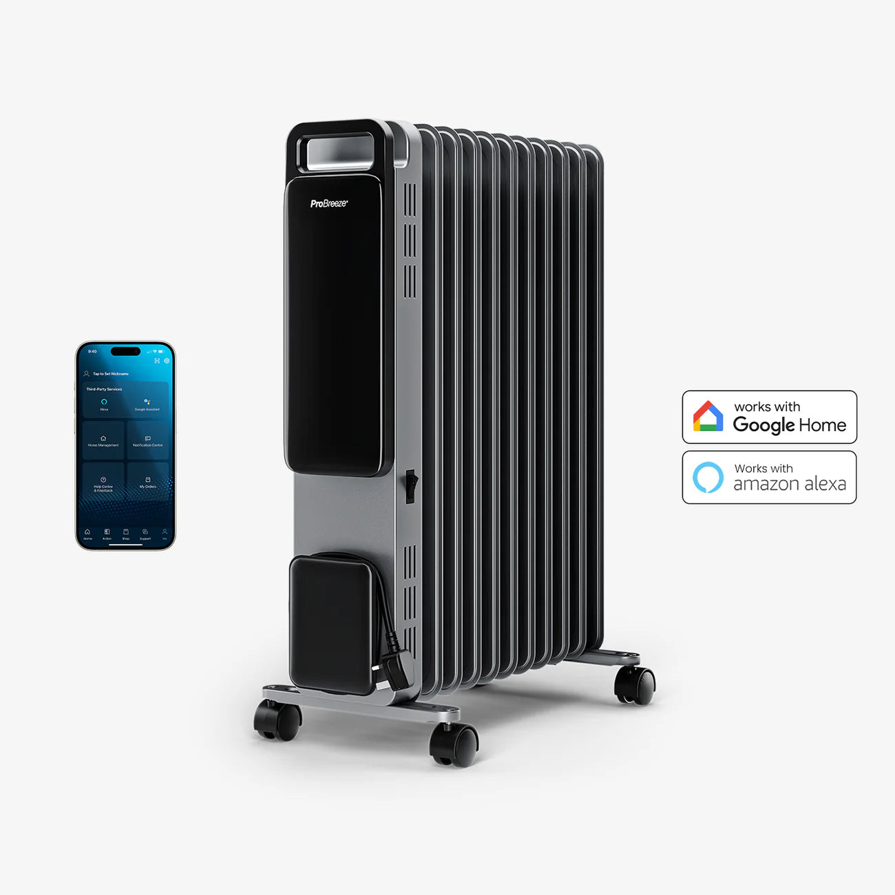 Pro Breeze OmniWarm 2500W Oil Filled 11 Fins Eco Radiator Heater With Digital Display and Smart App Control - Silver