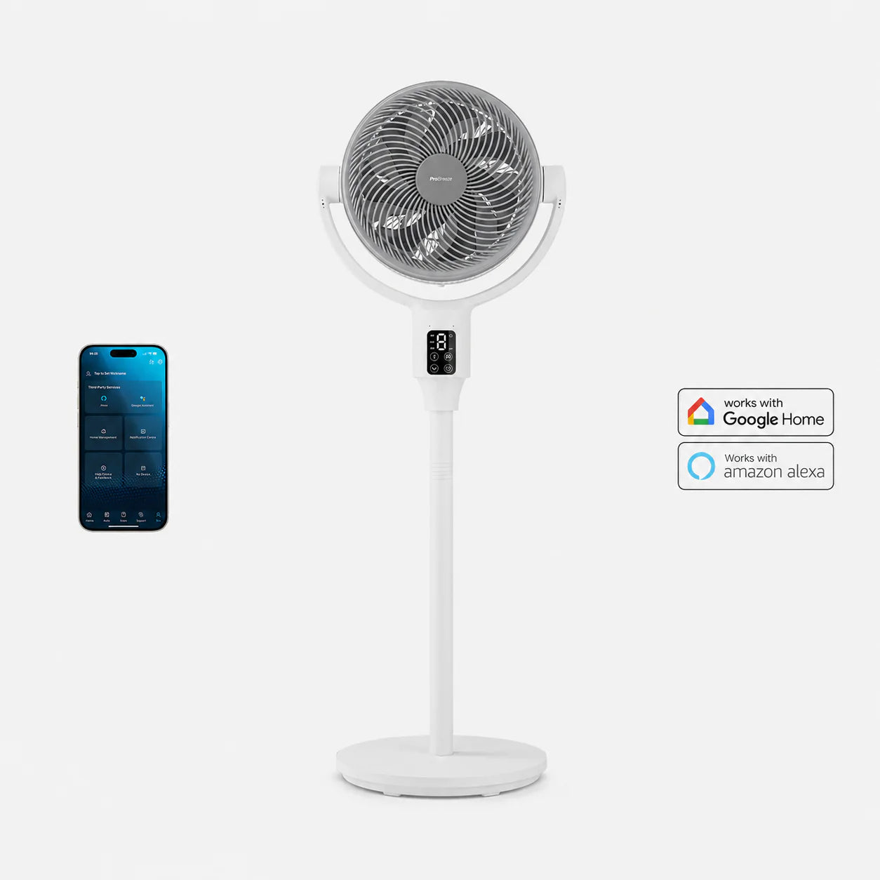 Pro Breeze AirFlo Plus™ 44” Smart Hybrid Pedestal Fan - Ultra-Quiet Air Circulator - White/Grey
